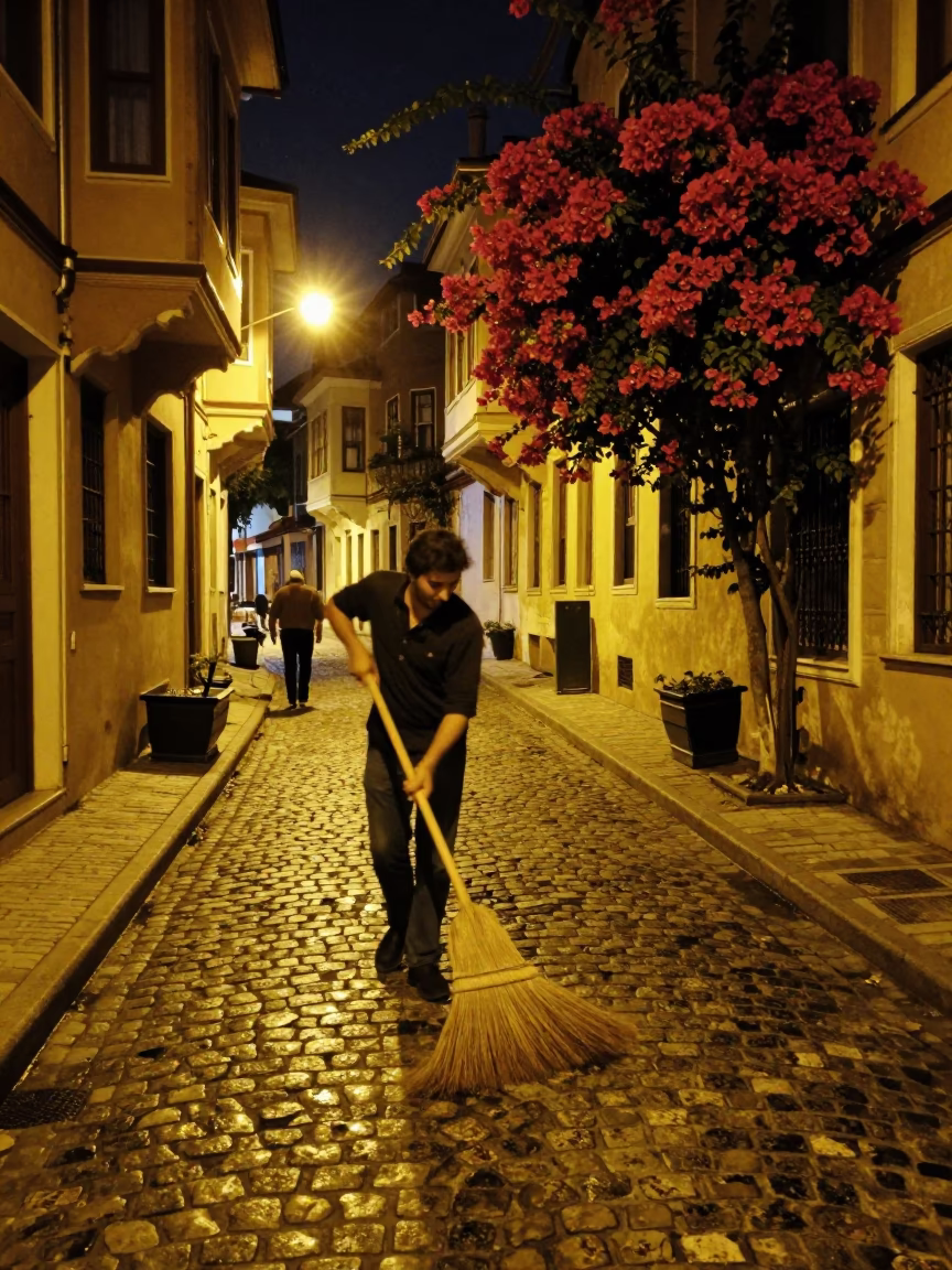 Late Night Istanbul Street Scene with Broom and Bougainvillea in Historic District in in Istanbul, Turkey