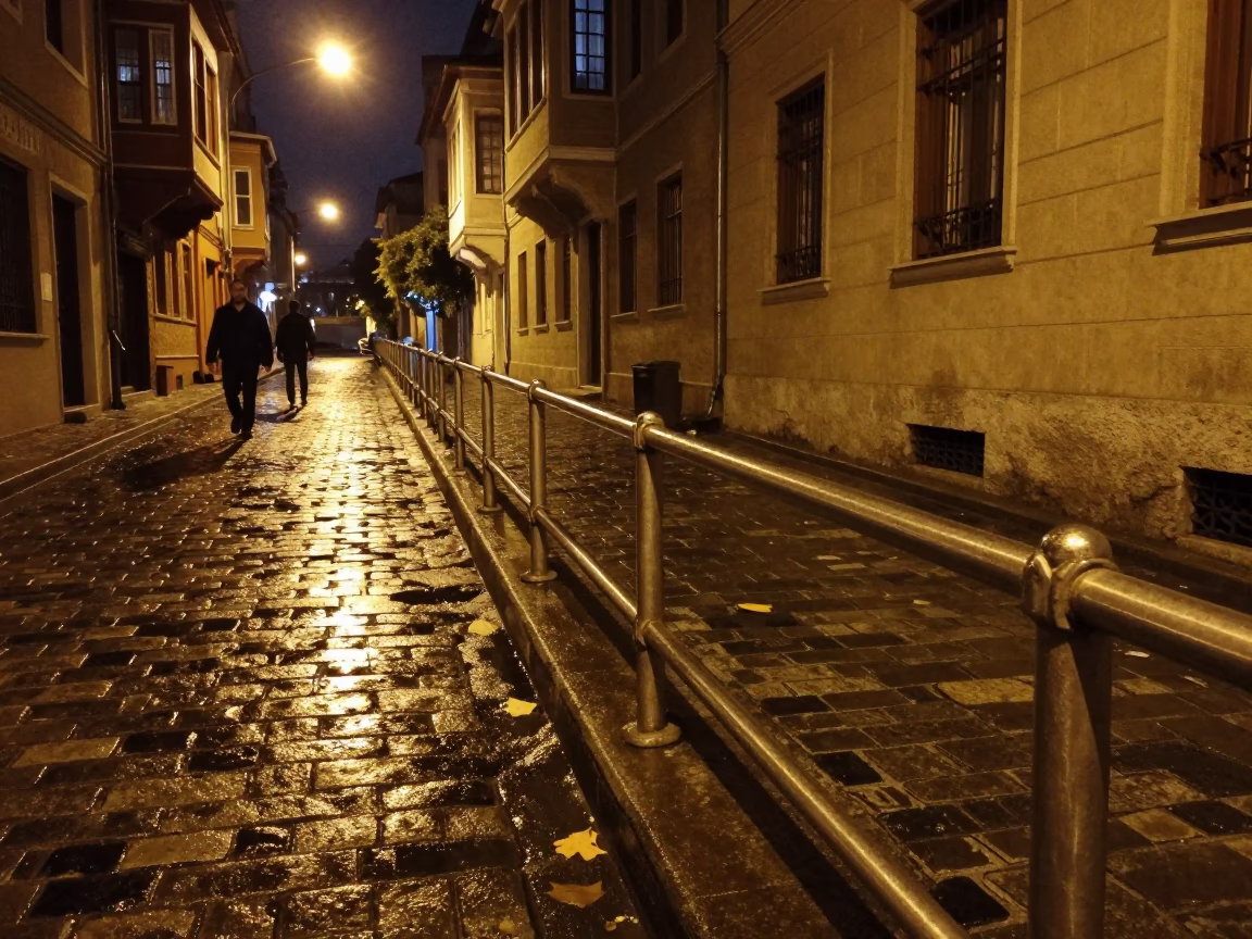 Late Night Istanbul Street Scene with Brushed Steel Rail and Urban Ambience in in Istanbul, Turkey