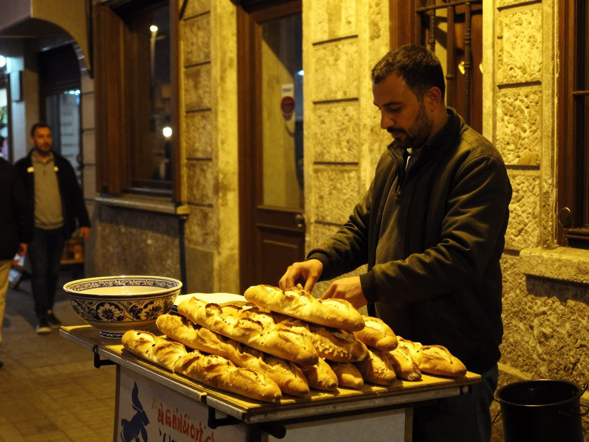 Late Night Istanbul Street Scene with Ceramic Bowl and Brass Details in in Istanbul, Turkey