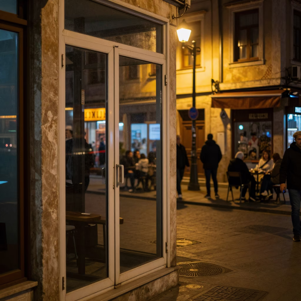 Late Night Istanbul Street Scene with Clear Glass Doorframe and Scratches on Bucket Lip in in Istanbul, Turkey