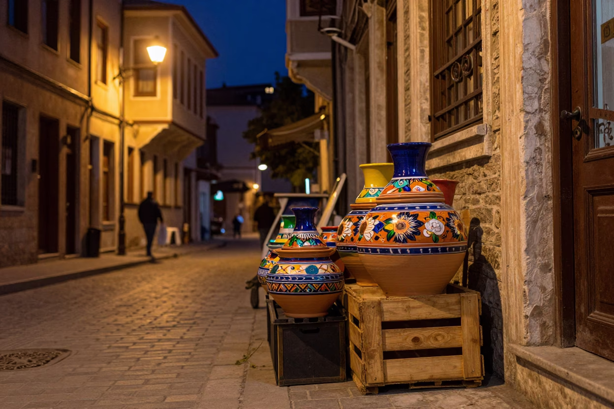 Late Night Istanbul Street Scene with Colorful Clay Pot and Woven Basket on Cobblestone in in Istanbul, Turkey