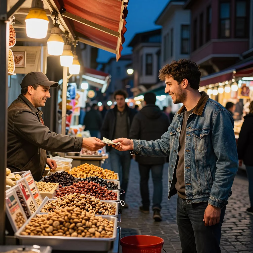 Late Night Istanbul Street Scene with Colorful Food Stall and Urban Life in in Istanbul, Turkey