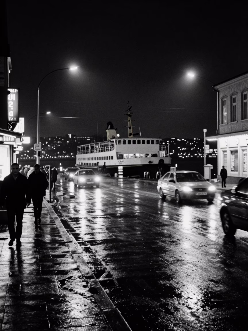 Late Night Istanbul Street Scene with Ferry Dock and Urban Nightlife in in Istanbul, Turkey