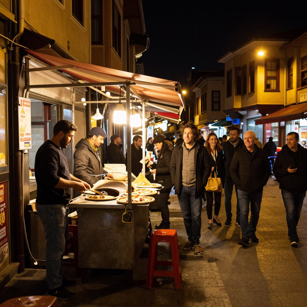 Late Night Istanbul Street Scene with Food Vendor and Customers in in Istanbul, Turkey