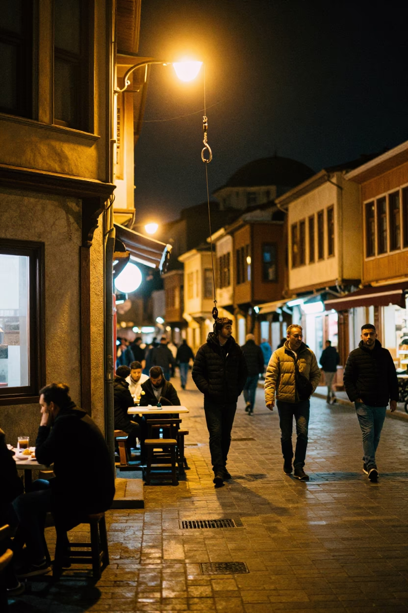 Late Night Istanbul Street Scene with Grappling Hook and Gladiolus Spike in in Istanbul, Turkey