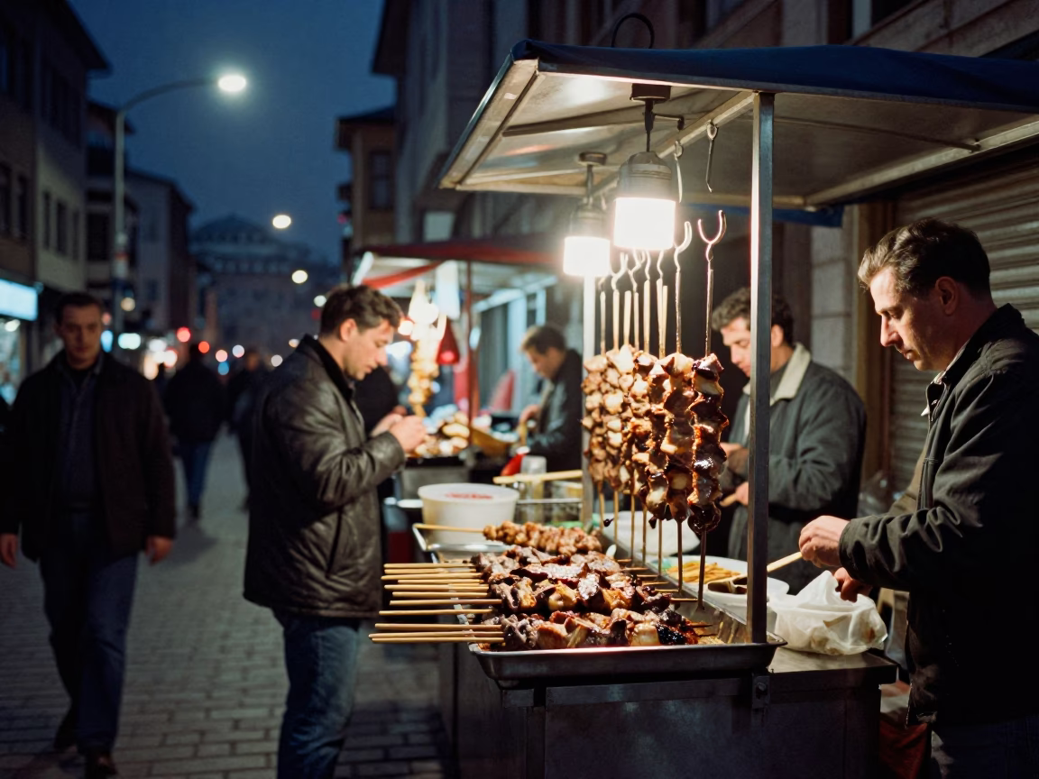 Late Night Istanbul Street Scene with Grease Sheen and Urban Life in in Istanbul, Turkey