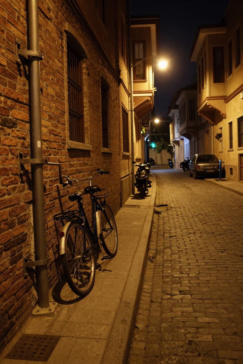 Late Night Istanbul Street Scene with Metal Latch on Weathered Door and Urban Ambience in in Istanbul, Turkey
