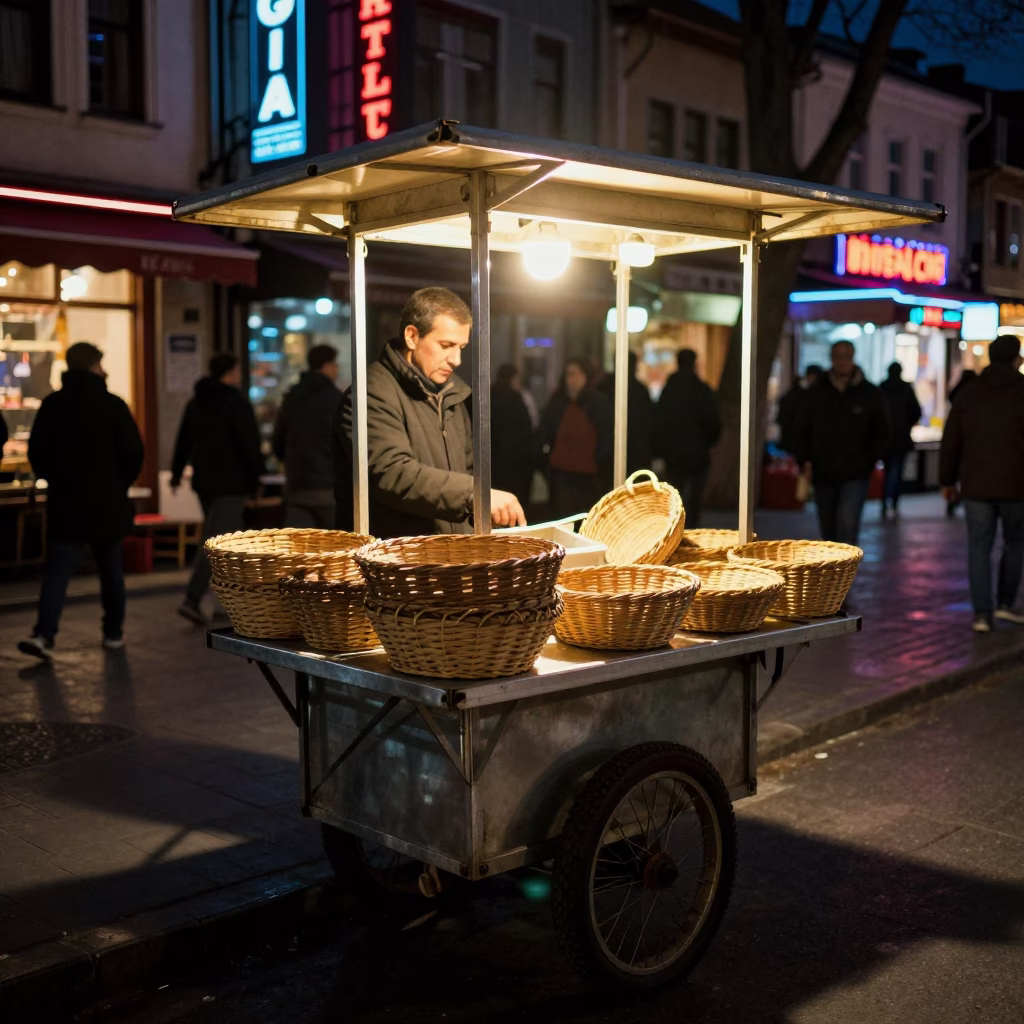 Late Night Istanbul Street Scene with Neon Lights and Traditional Woven Baskets in in Istanbul, Turkey