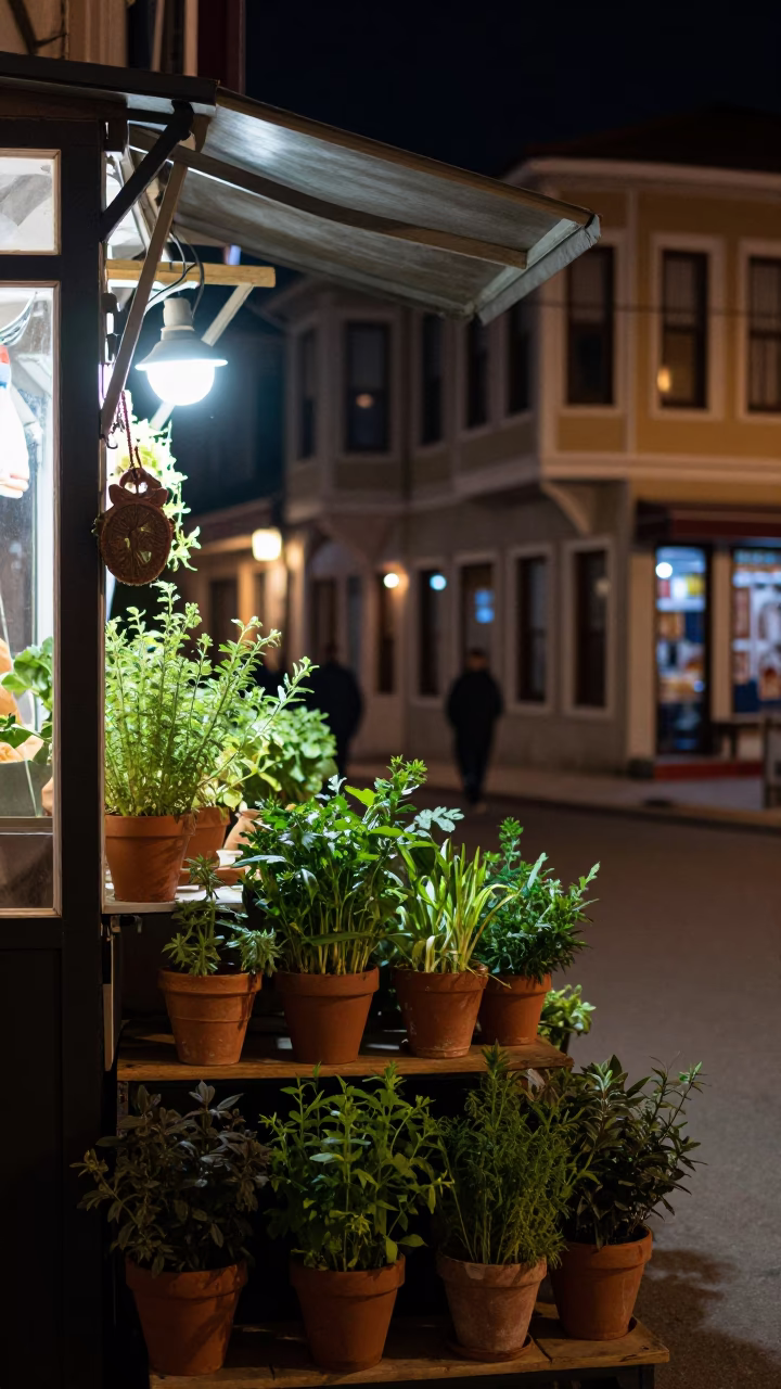 Late Night Istanbul Street Scene with Potted Herbs and Soap Bottle in in Istanbul, Turkey