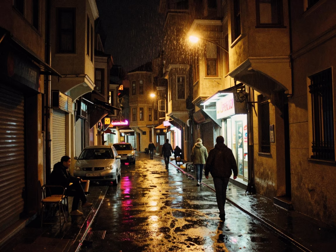 Late Night Istanbul Street Scene with Soap Streaks and Rain Puddles in in Istanbul, Turkey