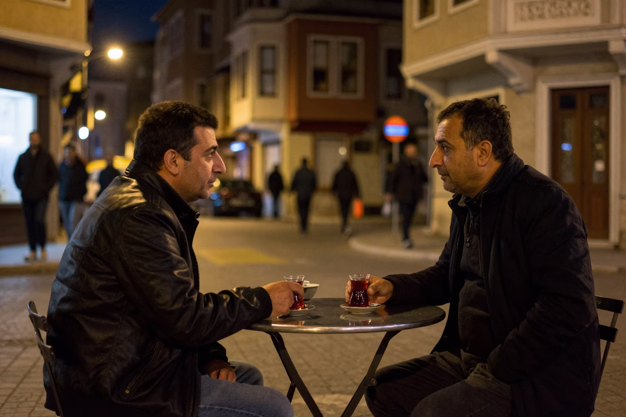 Late Night Istanbul Street Scene with Tea Glass and Cutlery on Metal Table in in Istanbul, Turkey