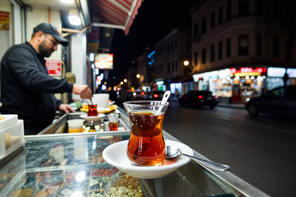 Late Night Istanbul Street Scene with Tea Infuser Spoon and Overpass Taillight Streaks in in Istanbul, Turkey