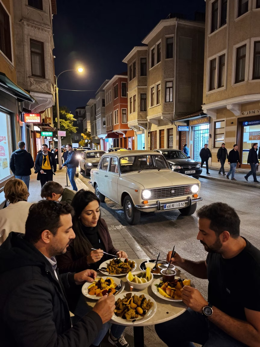 Late Night Istanbul Street Scene with Vintage Car Rally and Brushed Steel Bowl in in Istanbul, Turkey