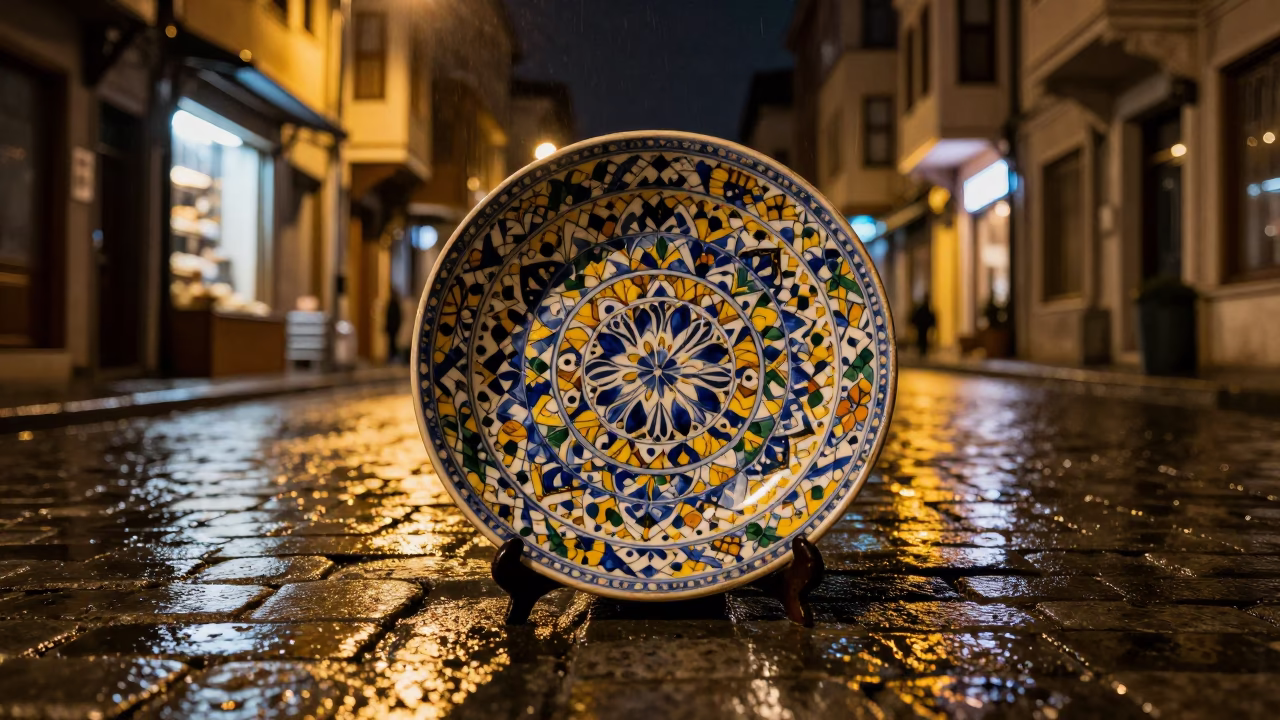Late Night Istanbul Street Scene with Vintage Majolica Plate and Umbrella Stand in Rain in in Istanbul, Turkey