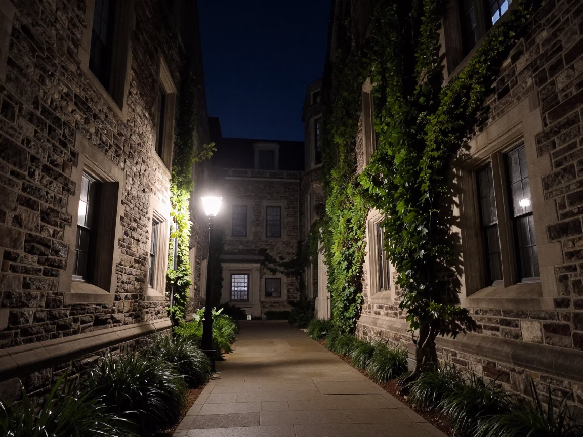 Late Night Ivy Covered Stone Cloister Walkway in Boston Massachusetts University Campus in in Boston, Massachusetts, United States