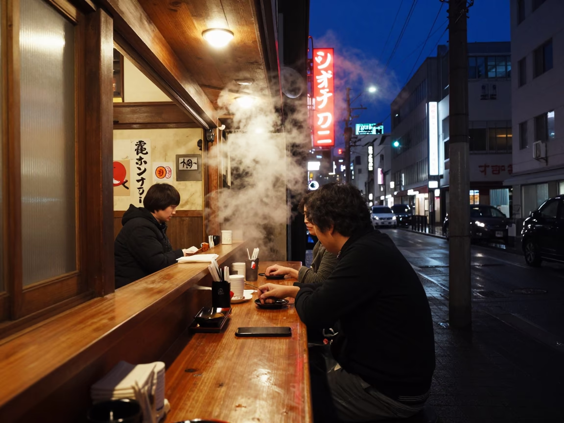 Late night izakiya counter with steam and city lights in Sapporo in in Sapporo, Japan