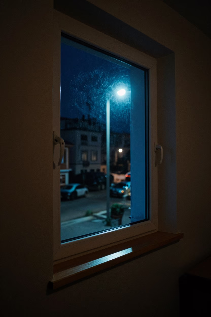 Late Night Izmir Apartment Interior with Window Light and Quilt Detail in in Izmir, Turkey