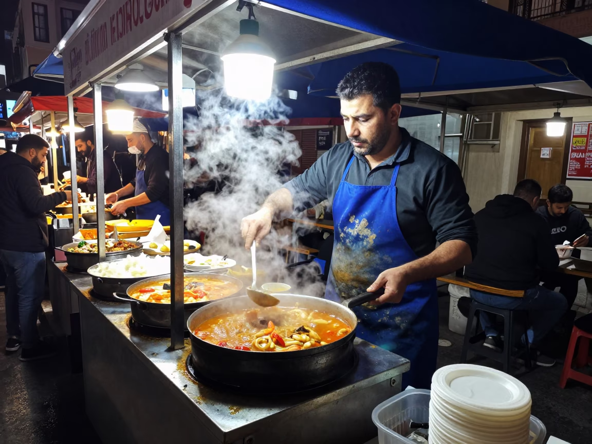 Late Night Izmir Street Food Vendor Serving Tom Yum Goong Under Neon Lights in in Izmir, Turkey