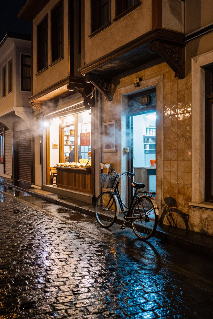 Late Night Izmir Street Scene with Bicycle and Steam Haze Outside Bakery in in Izmir, Turkey