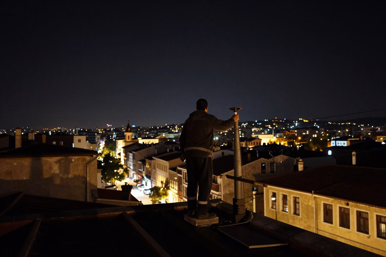 Late Night Izmir Street Scene with Chimney Sweep and Water Marked Building Facade in in Izmir, Turkey