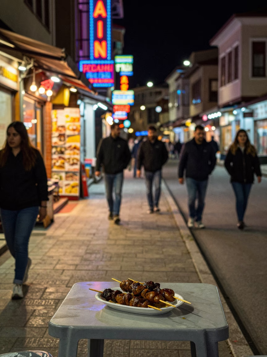 Late Night Izmir Street Scene with Colorful Neon Signs and Local Dining in in Izmir, Turkey