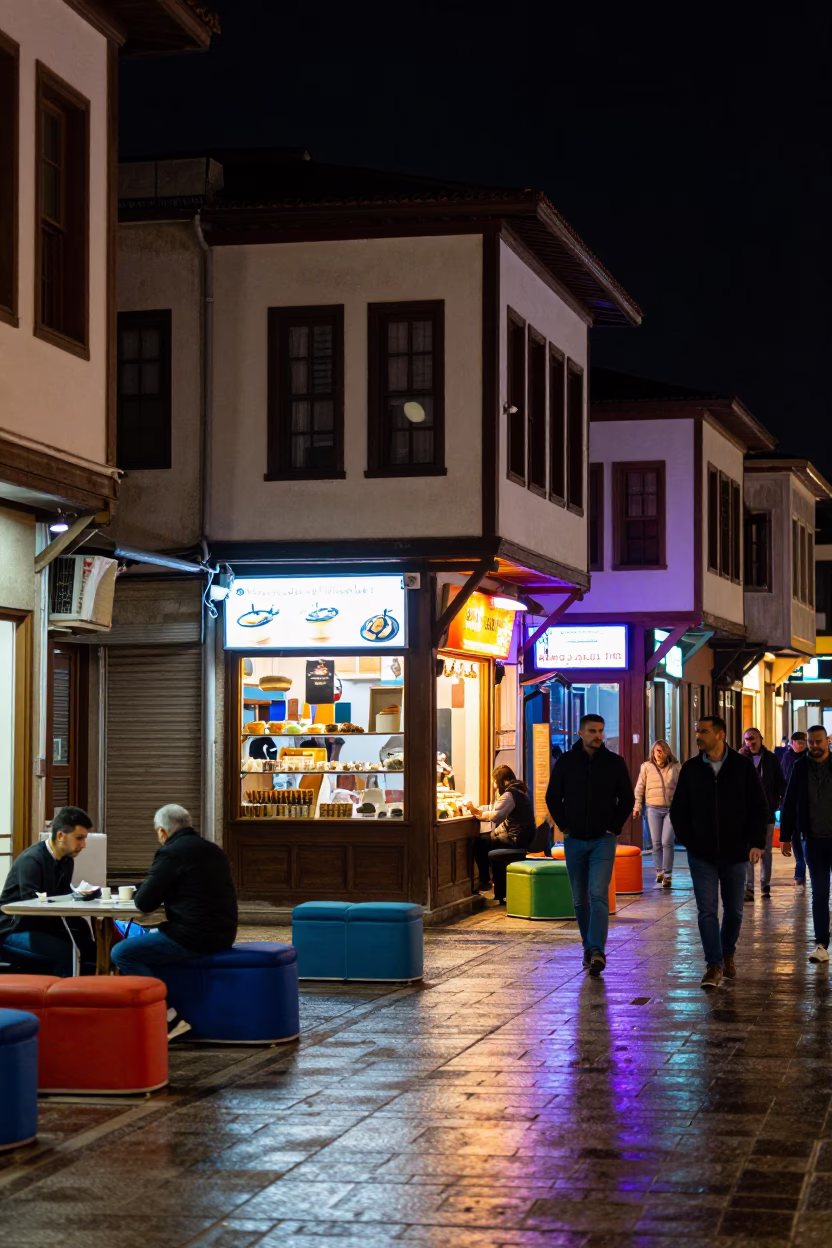 Late Night Izmir Street Scene with Colorful Ottoman Architecture and Urban Life in in Izmir, Turkey