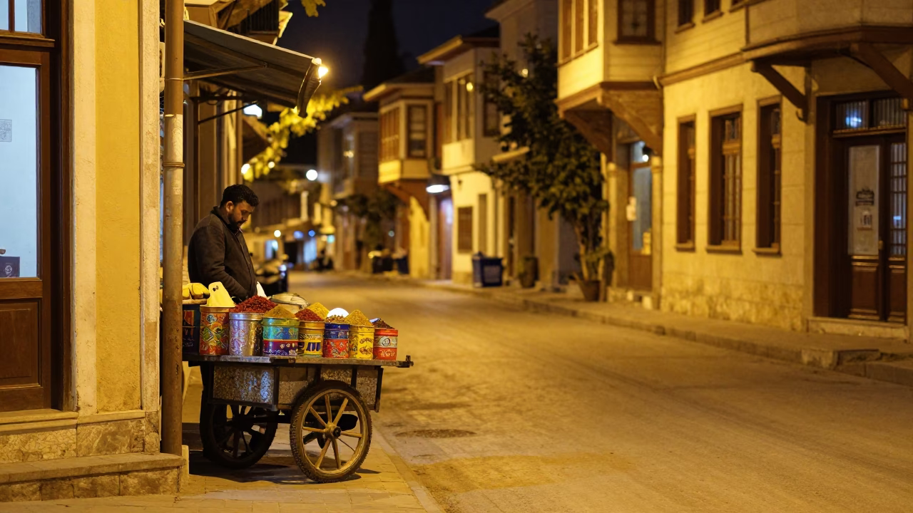 Late Night Izmir Street Scene with Colorful Storage Tin and Twine in Turkish City in in Izmir, Turkey