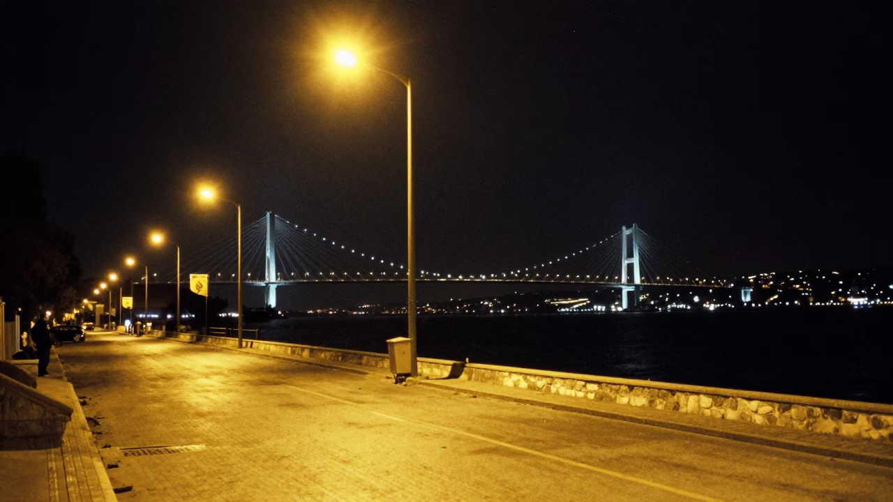 Late Night Izmir Street Scene with Distant Karşıyaka Bridge and Urban Details in in Izmir, Turkey
