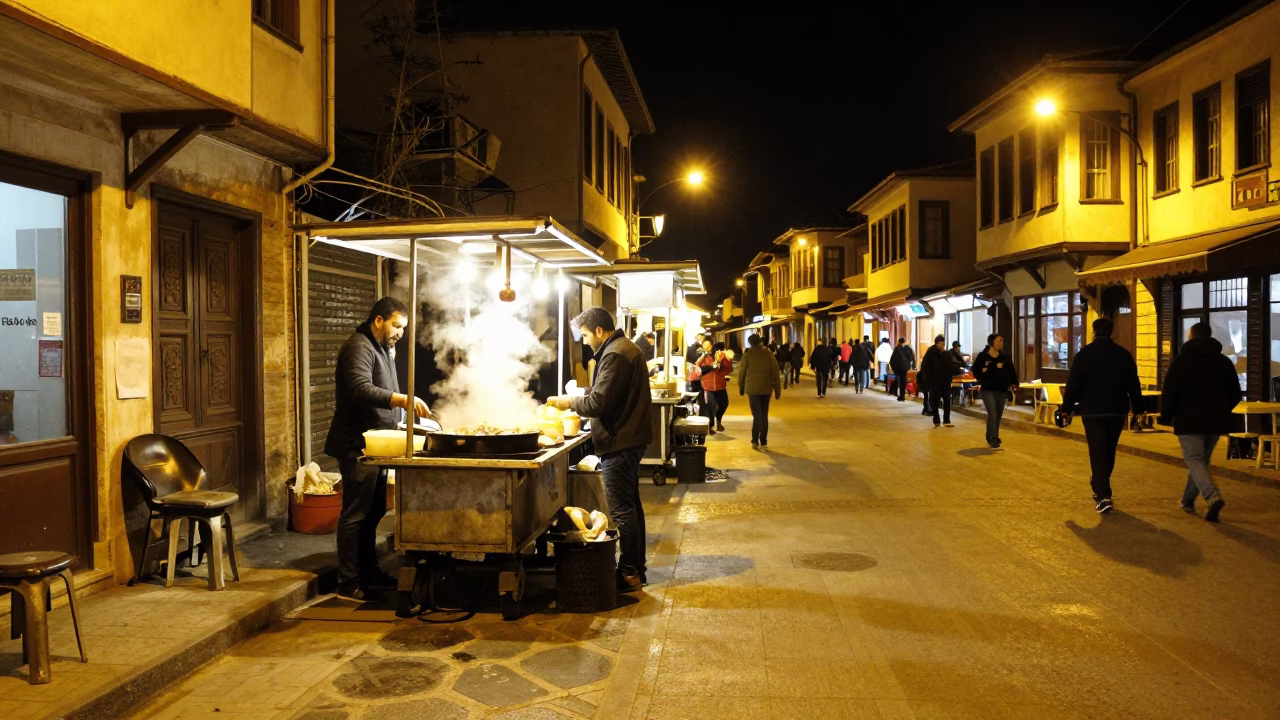 Late Night Izmir Street Scene with Food Stall and Mandu Dumplings in in Izmir, Turkey