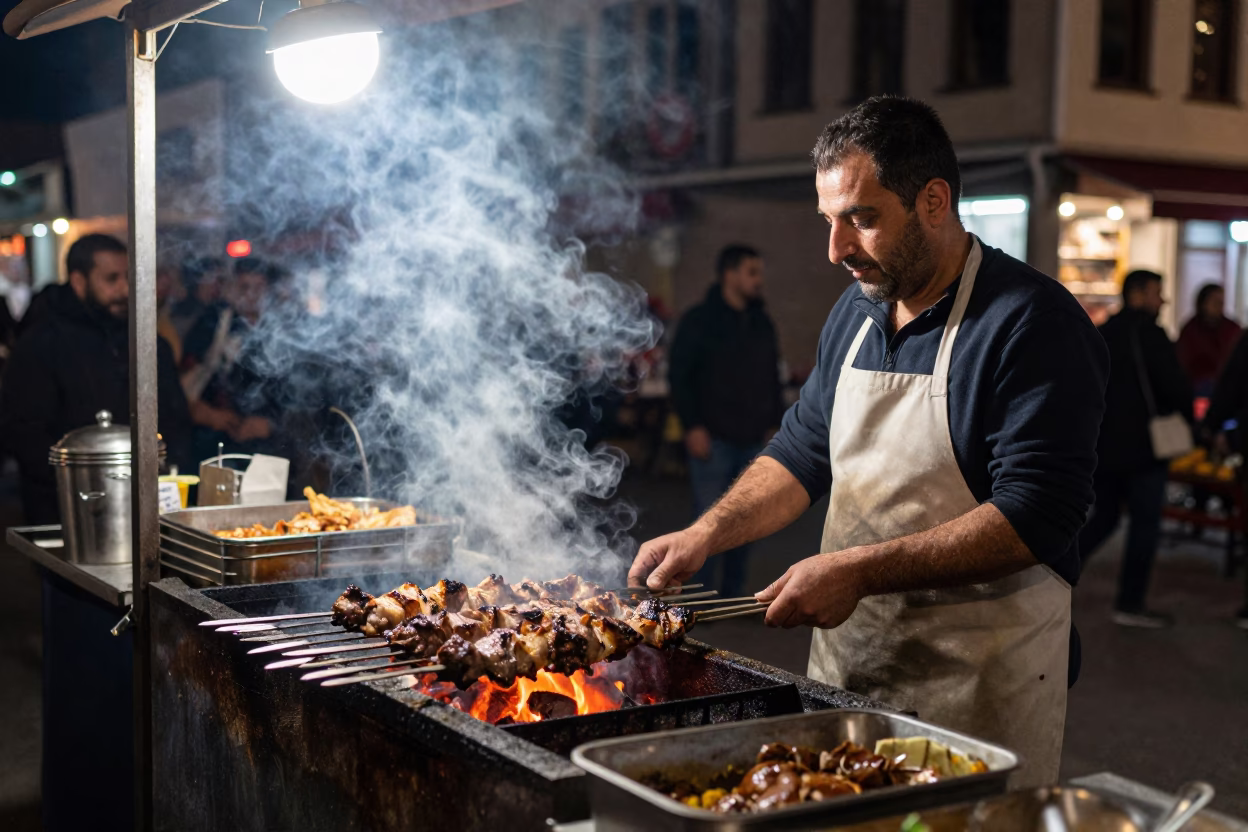 Late Night Izmir Street Scene with Grilled Kebab and Prayer Beads in in Izmir, Turkey
