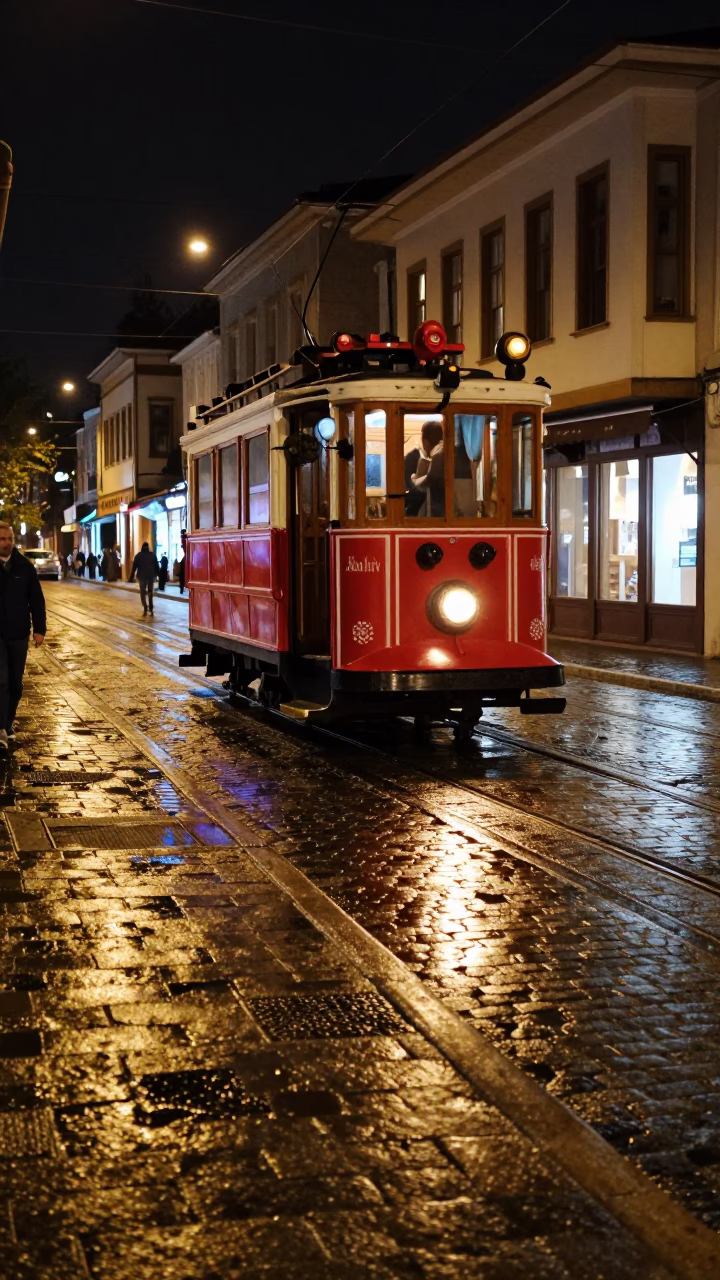 Late Night Izmir Street Scene with Heritage Tram and Cobblestone Avenue in in Izmir, Turkey
