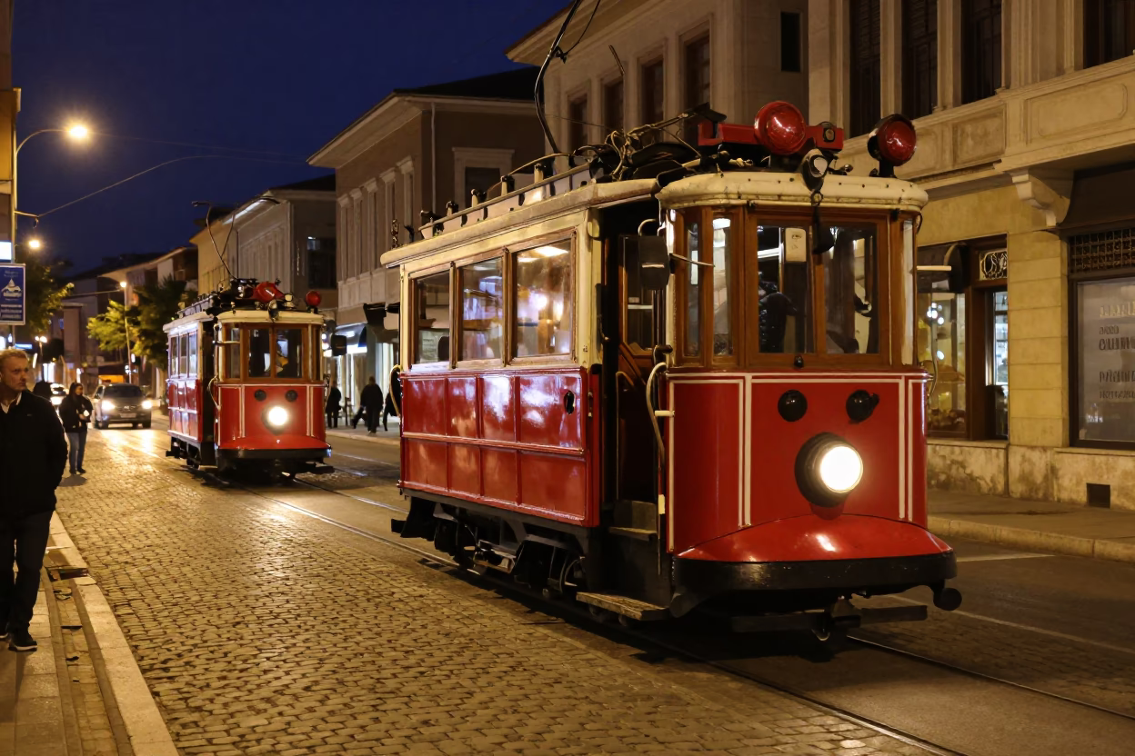 Late Night Izmir Street Scene with Heritage Tram and Urban Details in in Izmir, Turkey