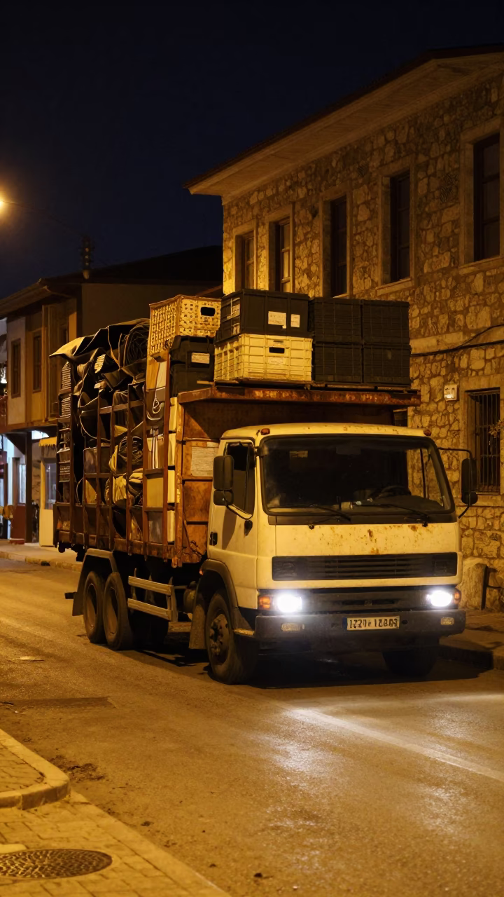 Late Night Izmir Street Scene with Overloaded Truck and Scratched Lamp Base in in Izmir, Turkey