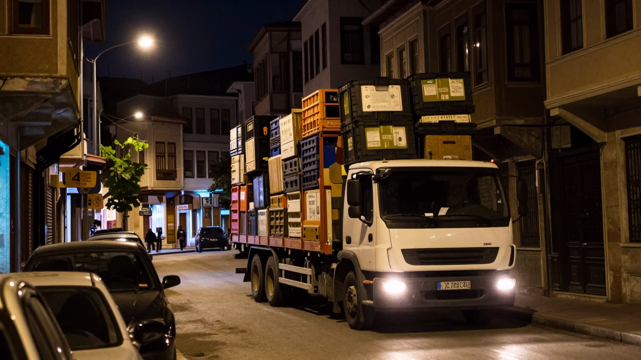 Late Night Izmir Street Scene with Overloaded Truck and Steam Haze in in Izmir, Turkey