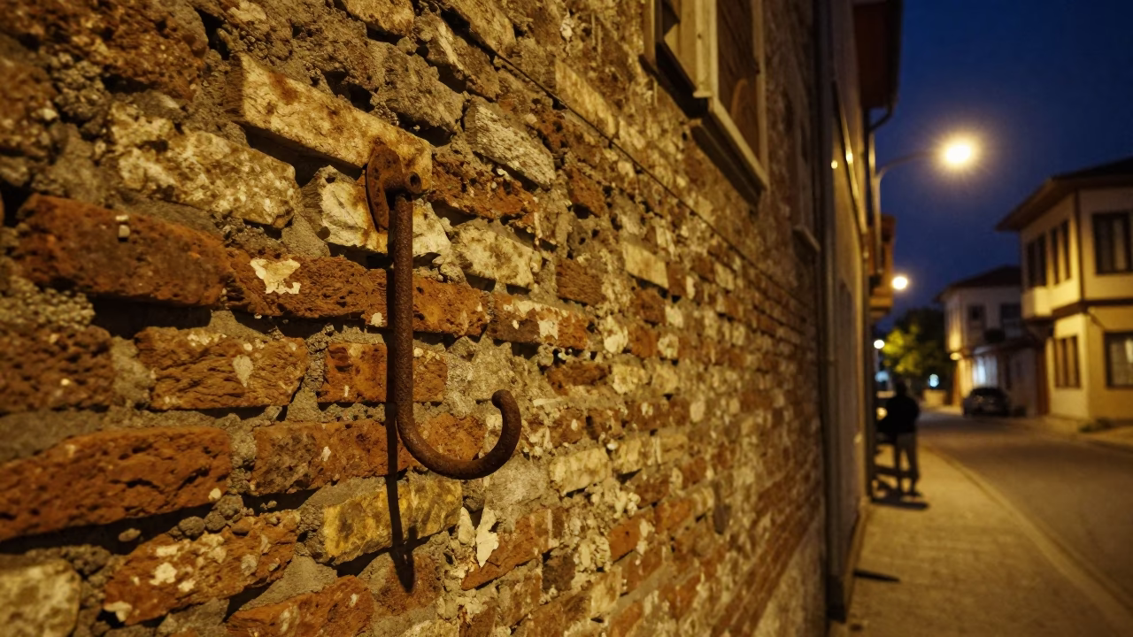 Late Night Izmir Street Scene with Rusty Wall Hook and Turnbuckle Details in in Izmir, Turkey