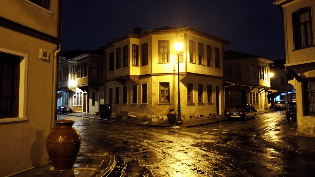 Late Night Izmir Street Scene with Spice Jar and Urban Architecture in in Izmir, Turkey