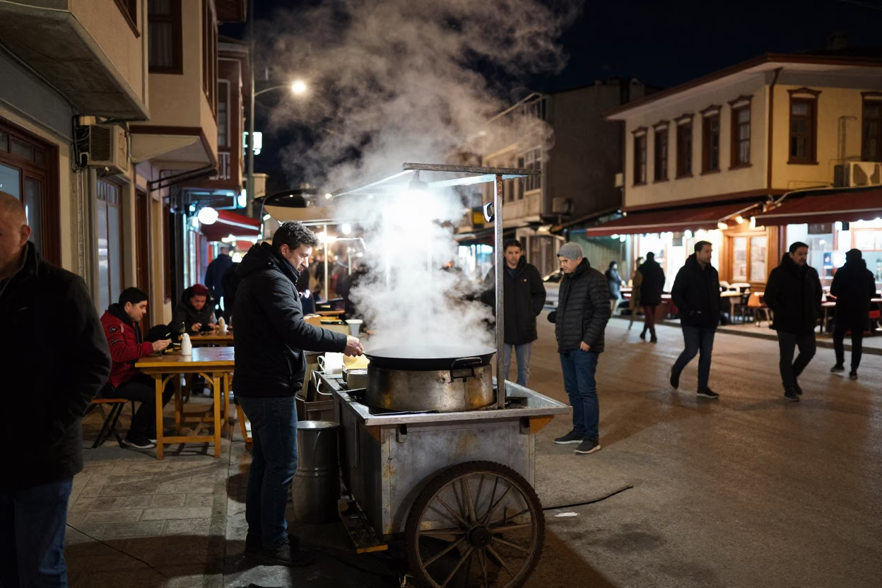 Late Night Izmir Street Scene with Steam and Urban Life in in Izmir, Turkey