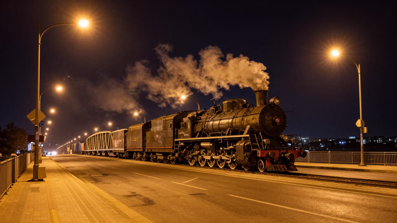 Late Night Izmir Street Scene with Steam Locomotive Bridge and Urban Life in in Izmir, Turkey