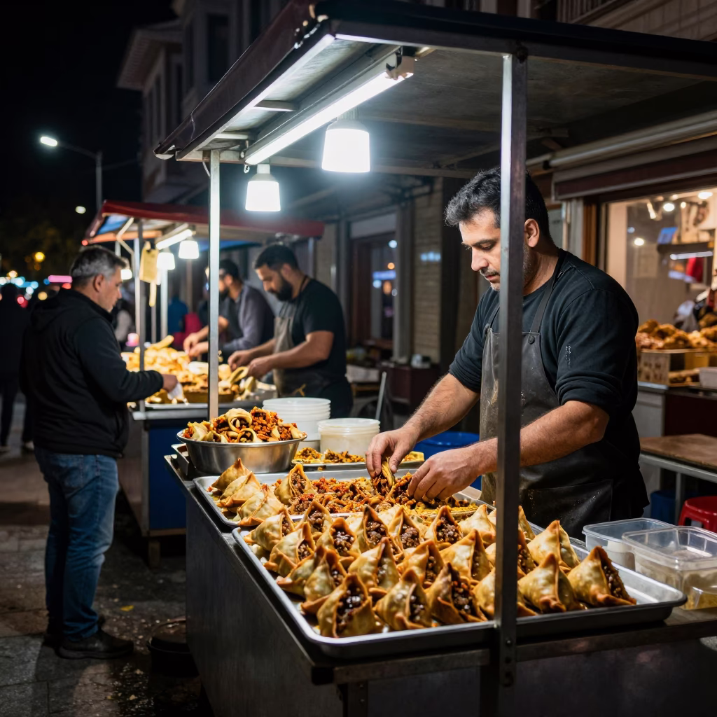Late Night Izmir Street Scene with Street Food Vendor and City Lights in in Izmir, Turkey