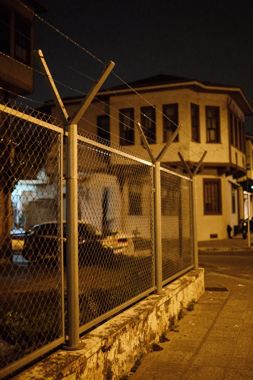 Late Night Izmir Street Scene with Substation Fence and Warning Placards in in Izmir, Turkey
