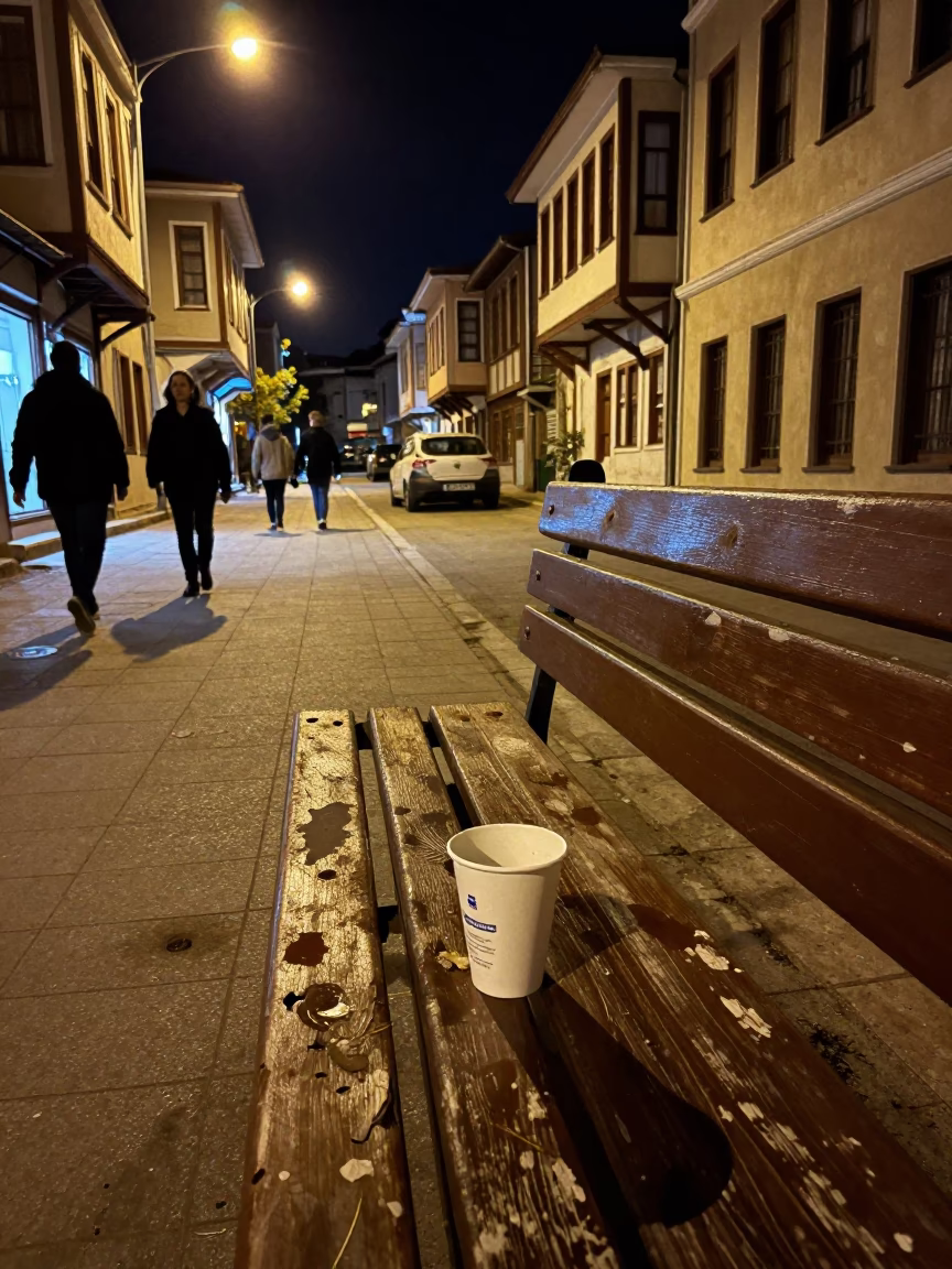Late Night Izmir Street Scene with Tea Stains and Urban Details in in Izmir, Turkey
