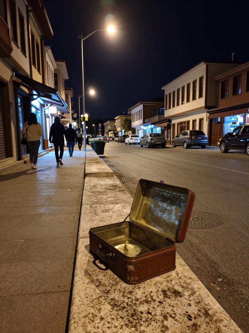 Late Night Izmir Street Scene with Tin Box and Urban Activity in in Izmir, Turkey