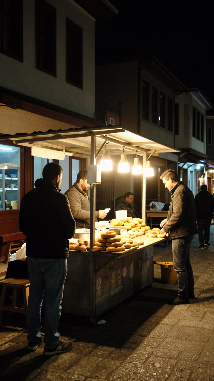 Late Night Izmir Street Scene with Traditional Food Stall and Local Life in in Izmir, Turkey