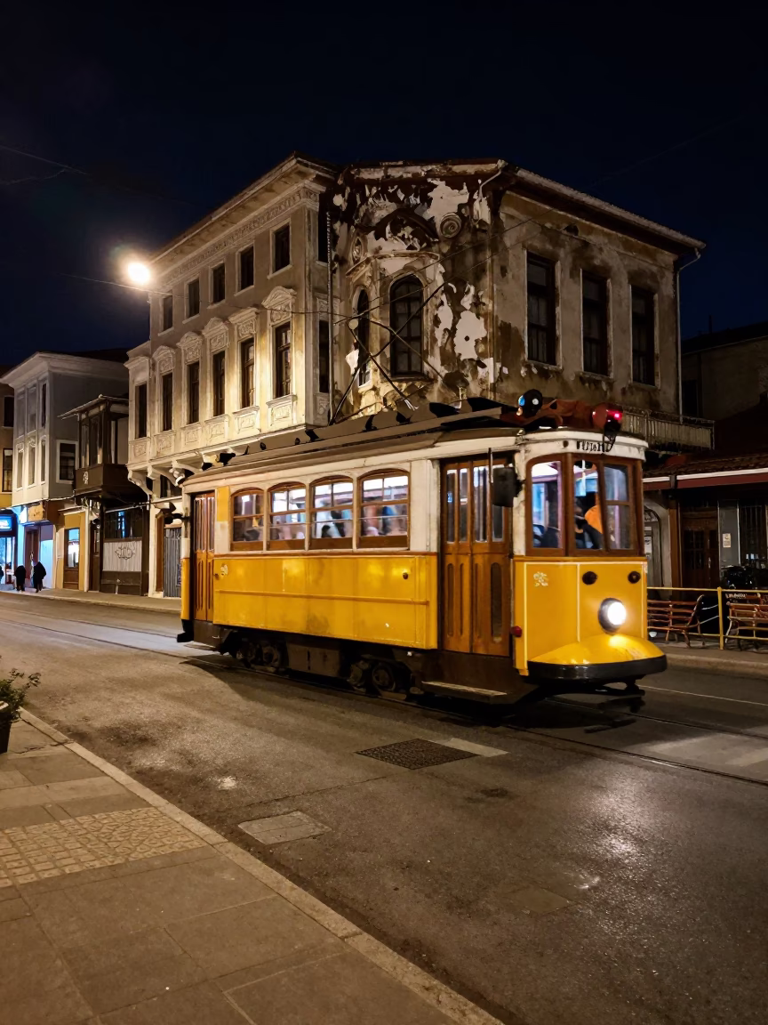 Late Night Izmir Street Scene with Tram Passing Art Nouveau Buildings in in Izmir, Turkey