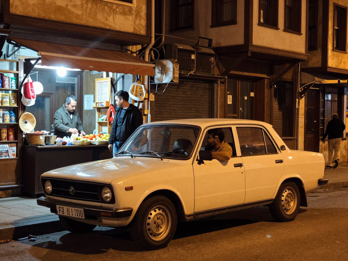 Late Night Izmir Street Scene with Vintage Car and Coffee Tin at Night in in Izmir, Turkey
