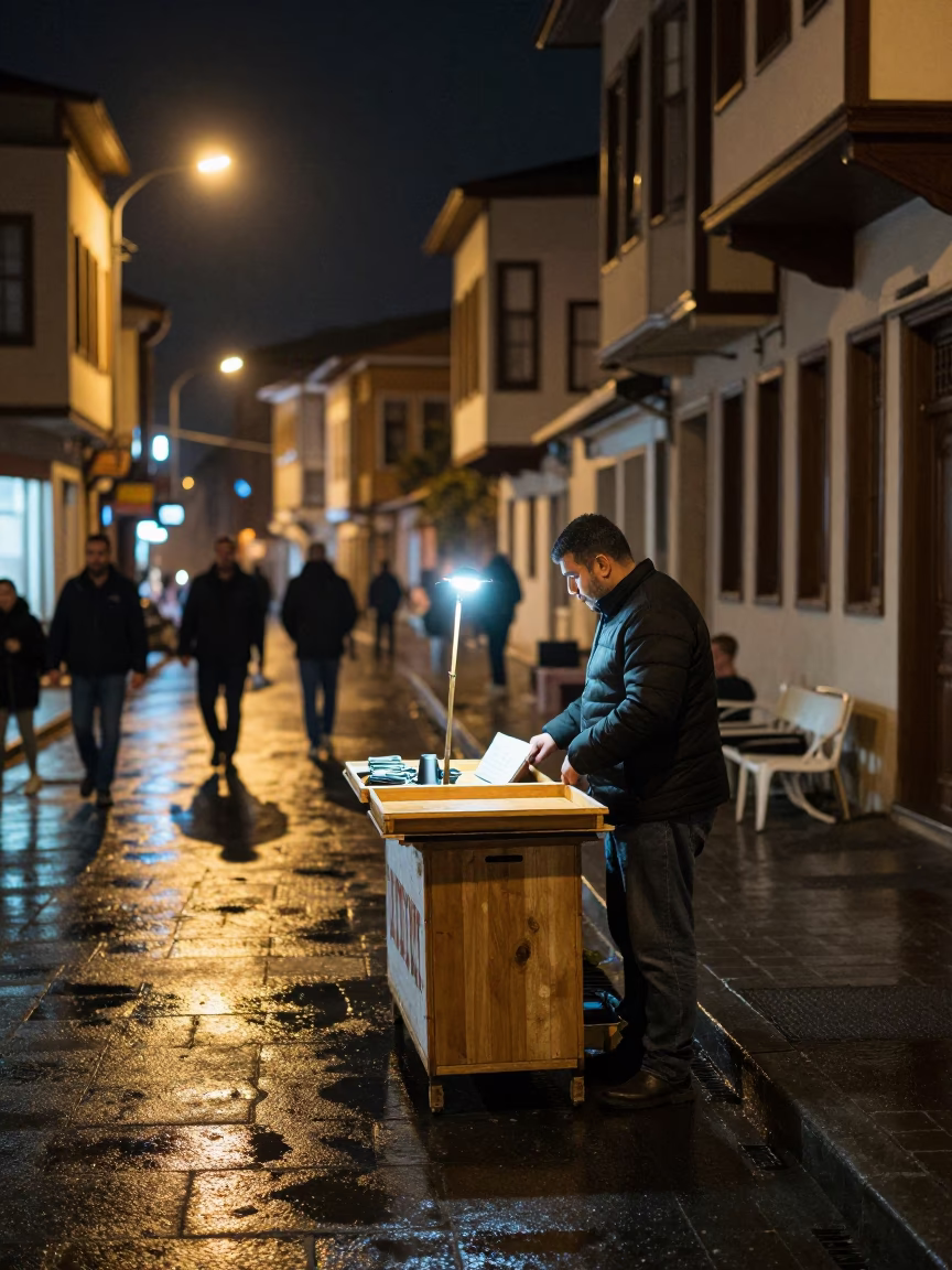 Late Night Izmir Street Scene with Wooden Tray and Bottle in in Izmir, Turkey