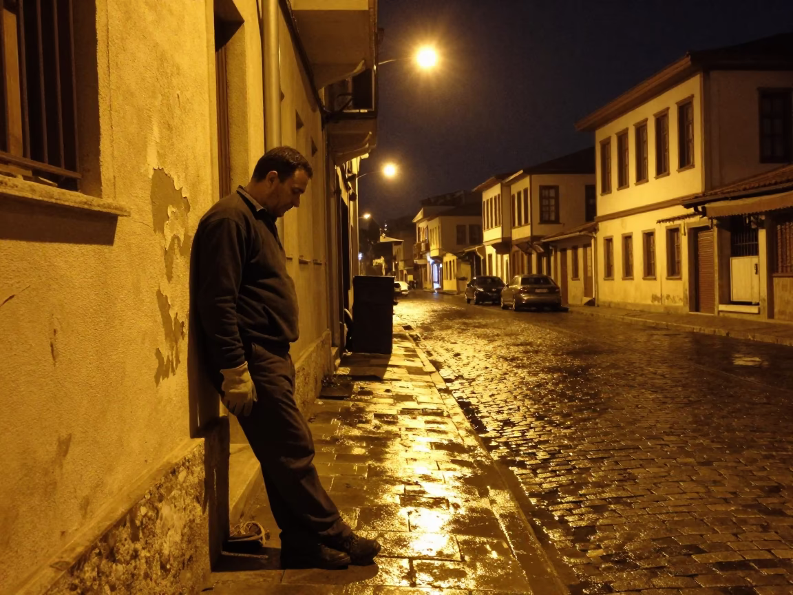 Late Night Izmir Street Scene with Worker and Old Tram in in Izmir, Turkey