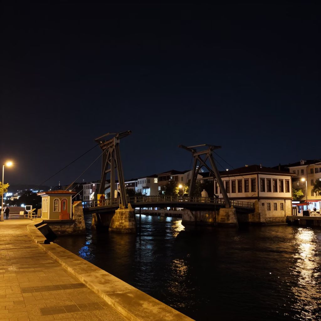 Late Night Izmir Street View with Drawbridge and Substation Lights in in Izmir, Turkey