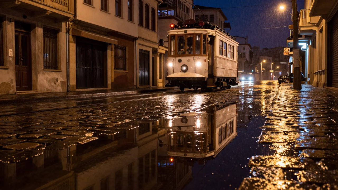 Late Night Izmir Tram Reflection in Rain on Cobblestone Street in in Izmir, Turkey