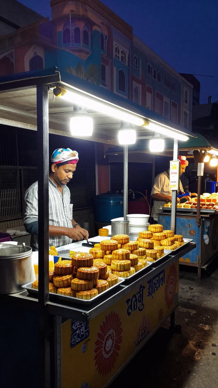 Late Night Jaipur Street Food Stall with Bright Lights and Busy Activity in in Jaipur, India